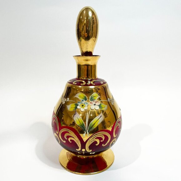 Vintage Bohemian Glass Ruby Red Gold Decanter 5" x 9.25" 1960's - Picture 1 of 11